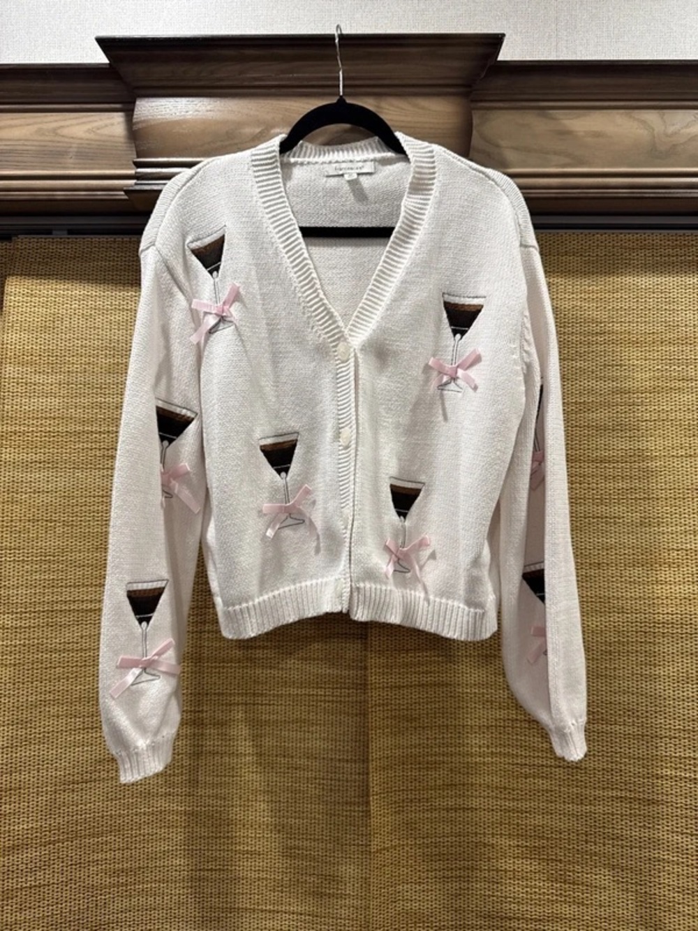 Francesca's Collections Cream Knit Cardigan with Pink Bow & Cocktail Motifs - Picture 1 of 4